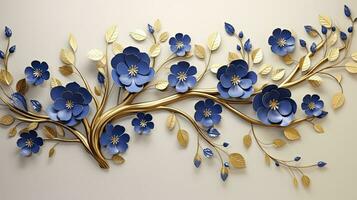 AI generated Elegant gold and royal blue floral tree with leaves and flowers hanging branches illustration background. AI Generated. photo