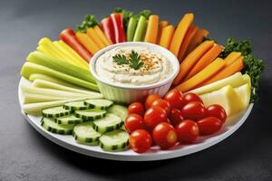 AI generated Crop shot of plate with colorful healthy sliced vegetables. AI Generated photo
