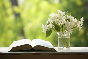 AI generated Jasmine flowers in a vase and open book on the table, green natural background. AI Generated photo