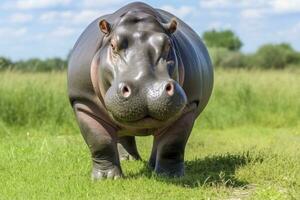 AI generated Hippopotamus Walking in a green field. AI Generated photo