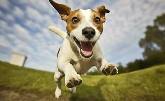 ai generado Jack rusia párroco perro correr hacia el cámara bajo ángulo alto velocidad disparo. ai generado foto