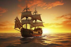 AI generated Pirate ship sailing on the ocean at sunset. Vintage cruise. AI Generated photo