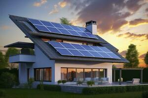 AI generated Modern house with blue solar panels on the roof. End of the day, sunset. AI Generated photo
