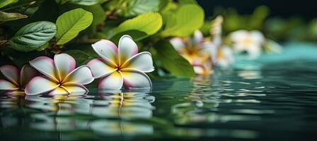 ai generado plumeria flores en verde hoja flotante en agua. un pacífico y sereno escena con un toque de naturaleza y belleza. ai generado foto