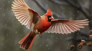 AI generated Northern Cardinal coming in for a landing. Generative AI photo