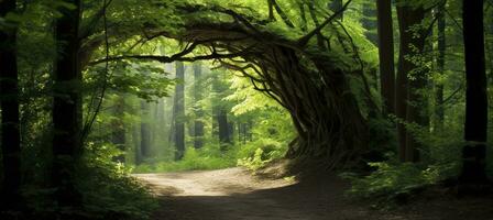 AI generated Natural archway shaped by branches in the forest. AI Generated photo