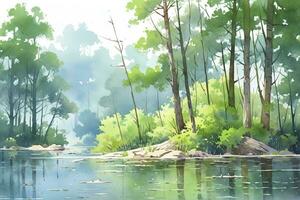 AI generated The serenity of a secluded forest lake.AI Generated photo