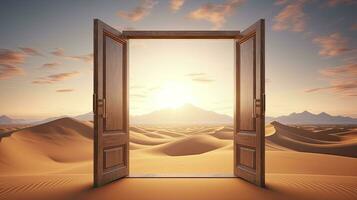 AI generated The opened door on the desert. Unknown and start up concept. AI Generated. photo