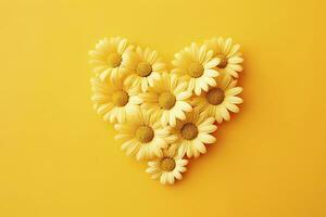 AI generated Yellow Heart Shaped By Yellow Daisies Over Yellow Background. AI Generated photo