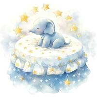 AI generated An elephant on a bed with stars and blankets around the circle. AI Generated photo