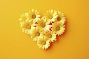 AI generated Yellow Heart Shaped By Yellow Daisies Over Yellow Background. AI Generated photo