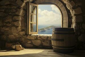 AI generated Barrel in an ancient castle beside the window. AI Generated photo