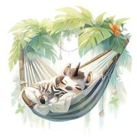 AI generated A sleepy baby zebra in a hammock. watercolor illustrations. AI Generated photo