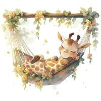 AI generated A sleepy baby giraffe in a hammock. watercolor illustration. AI Generated photo