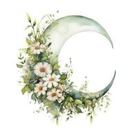 AI generated Watercolor floral Moon with greenery on a white background. AI Generated photo