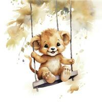 AI generated Cute happy baby lion on swings attached to the tree in watercolor style. AI Generated photo