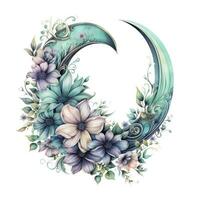 AI generated Watercolor floral Moon with greenery on a white background. AI Generated photo