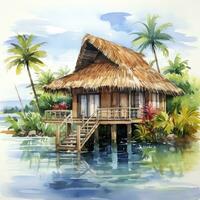 AI generated A watercolored bright serene image of a traditional bahay kubo. AI Generated photo