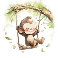 AI generated Cute happy baby monkey on swings on a tree in watercolor. AI Generated photo