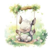 AI generated Cute happy baby rhino on swings in the tree in watercolor style. AI Generated photo