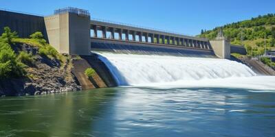 ai generado hidroeléctrico represa generando verde energía desde fluido agua. ai generado. foto