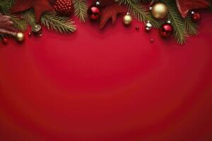 AI generated Christmas or New Year red background with fir decor. AI Generated photo