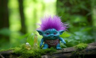 AI generated Tale troll with crystals in the forest, natural green background. Generative AI photo