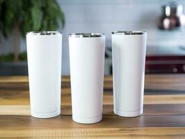 AI generated White stainless steel sublimation blank tumblers with straw, product shot. Generative AI photo