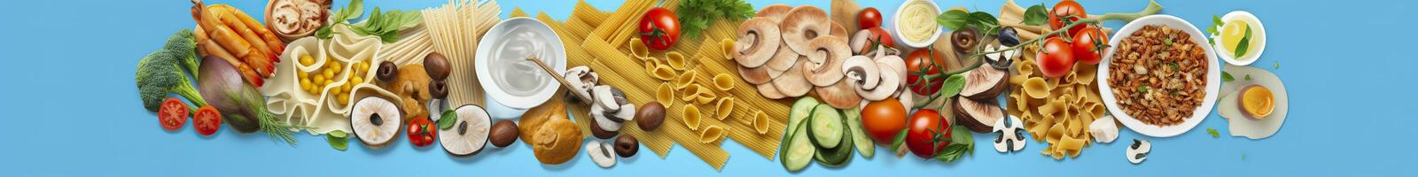 AI generated Web page banner of famous Italian food recipes on clean blue background. AI Generated photo