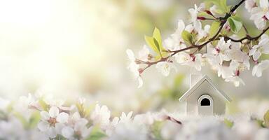 AI generated Toy house and cherry flowers, spring abstract natural background. Generative AI photo