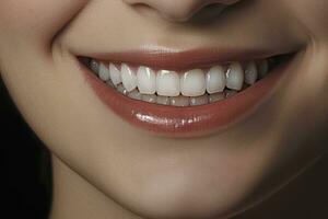 ai generado cerca arriba de un sonrisa con bonito blanco dientes. ai generado foto