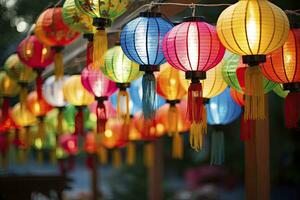 AI generated Colorful festival lanterns during the Chinese traditional holiday season. AI Generated photo