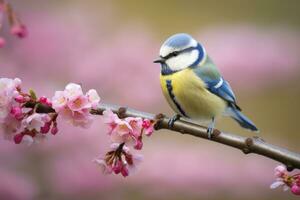 AI generated A Bluetit bird resting on the branch of a tree. AI Generated. photo