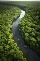 ai generado aéreo ver de el amazonas selva paisaje con río doblar. generativo ai foto
