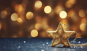 AI generated Sparkling Golden Christmas Star. Ornament Decoration Defocused Bokeh Background. AI Generated photo