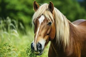 ai generado marrón caballo con rubio pelo come césped en un verde prado detalle desde el cabeza. ai generado foto