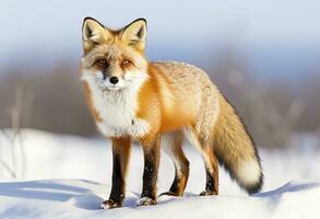 ai generado rojo zorro en pie en nieve. ai generado. foto