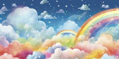 AI generated Fantasy sky rainbow. Fairy skies rainbows colors, magic landscape and dream sky. Generate Ai photo