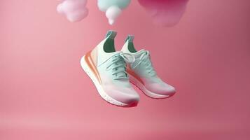 AI generated Flying trendy sneakers on creative colorful background, Stylish fashionable concept. AI Generated photo