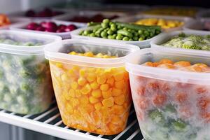 AI generated Frozen food in the freezer. Frozen vegetables. AI Generated photo