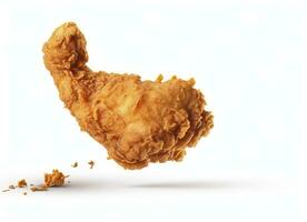 AI generated Fried chicken leg falling in the air isolated on a white background. AI Generated. photo