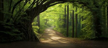 AI generated Natural archway shaped by branches in the forest. AI Generated photo