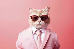 ai generado un gato es vistiendo Gafas de sol y traje en rosado antecedentes. ai generado foto