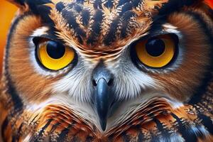 AI generated Owl headshot with closeup of face. Generative AI photo