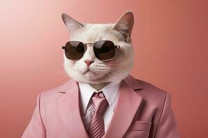 AI generated A cat is wearing sunglasses and suit on Pink Background. AI Generated photo