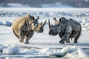 AI generated Two Rhinoceros getting ready for fight on Ice. AI Generated photo