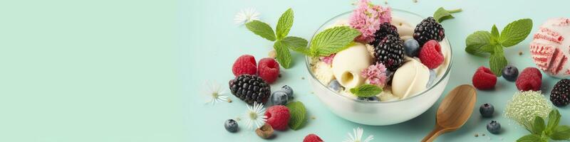 ai generado cucharadas de vainilla, menta hojas en un vaso bol, asperja, bayas, y flores generativo ai foto