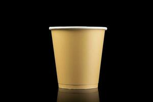 AI generated Side view yellow empty disposable paper fast food cup isolated on black background. Generative AI photo