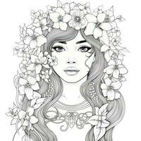 AI generated A girl on a coloring book page with Jasmine flowers. AI Generated photo