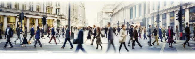 AI generated Walking people blur. Lots of people walk in the City of London. Wide panoramic view of people crossing the road. AI Generated photo